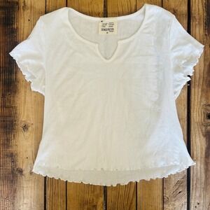 French Pastry White Pointelle Notch Neck Lettuce Edge Top XL MXT6241 Cotton